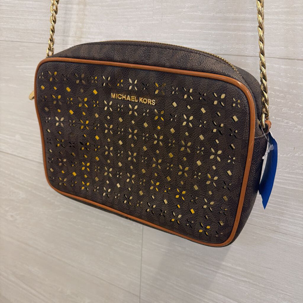 Michael Kors Brown Logo Leather Perforated Gold Tone Design Jet Set Crossbody Purse