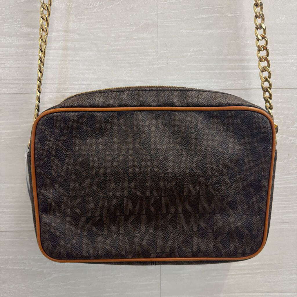 Michael Kors Brown Logo Leather Perforated Gold Tone Design Jet Set Crossbody Purse