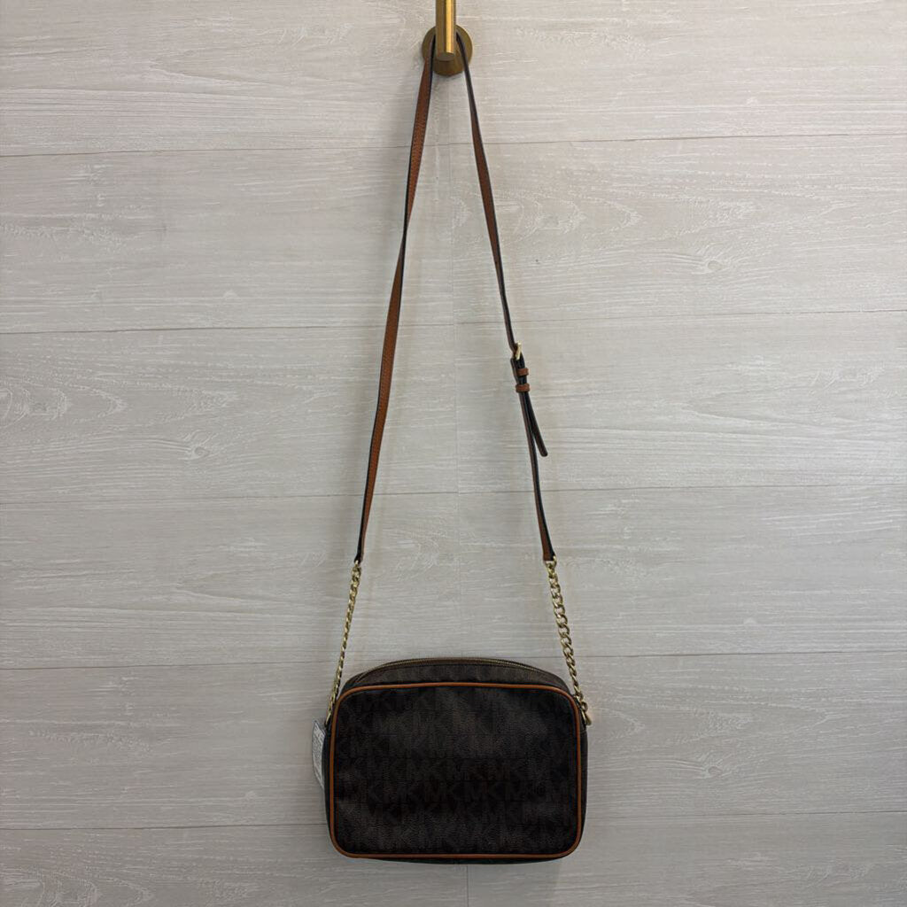 Michael Kors Brown Logo Leather Perforated Gold Tone Design Jet Set Crossbody Purse