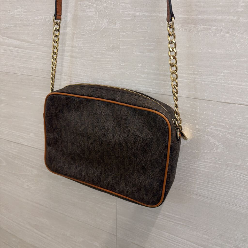 Michael Kors Brown Logo Leather Perforated Gold Tone Design Jet Set Crossbody Purse