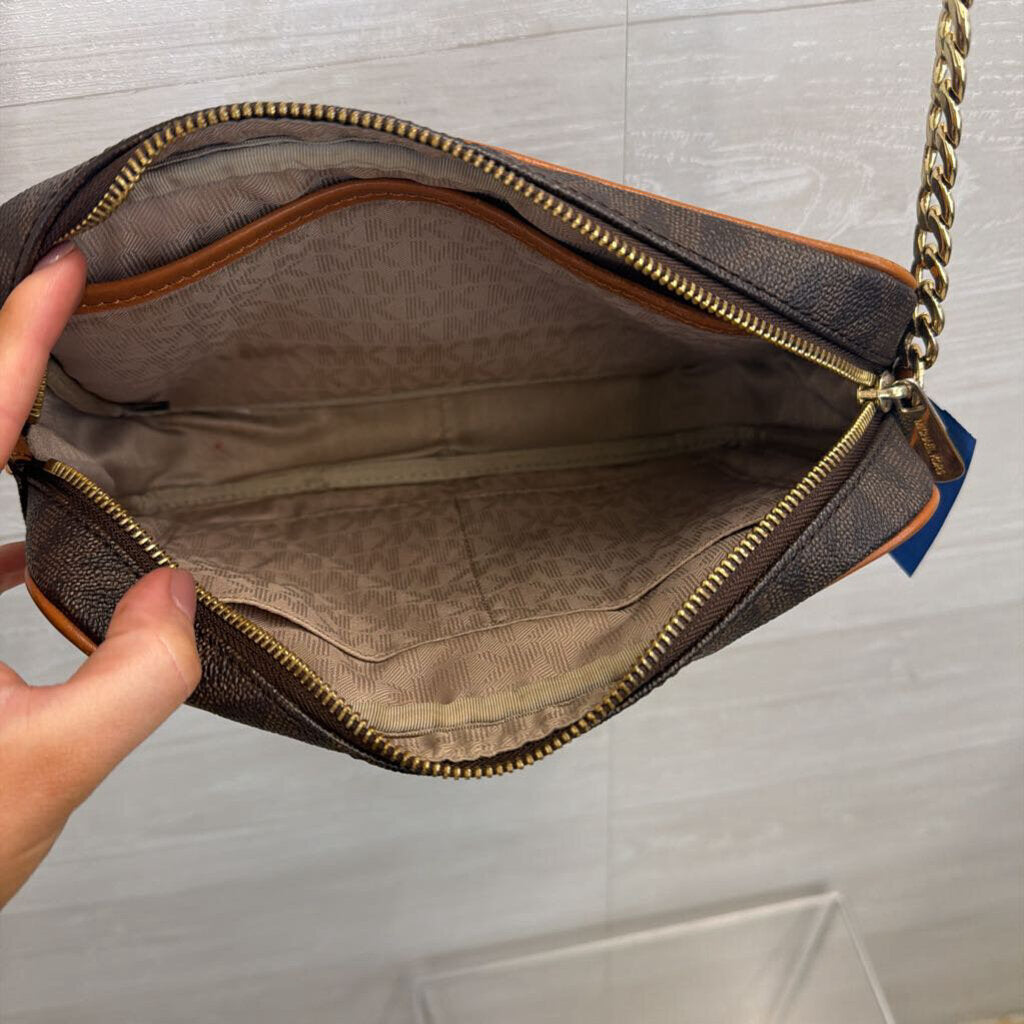 Michael Kors Brown Logo Leather Perforated Gold Tone Design Jet Set Crossbody Purse
