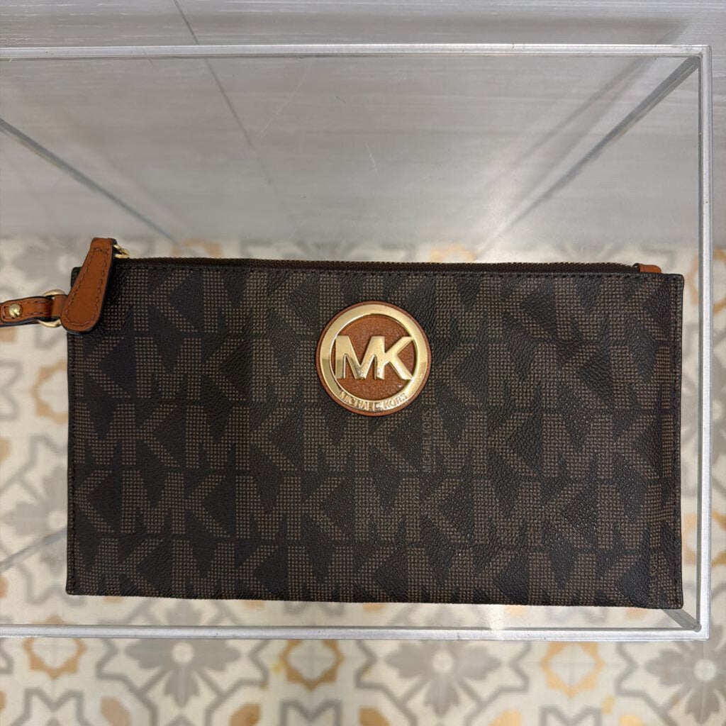 Michael Kors Brown Logo Leather Fulton Wristlet