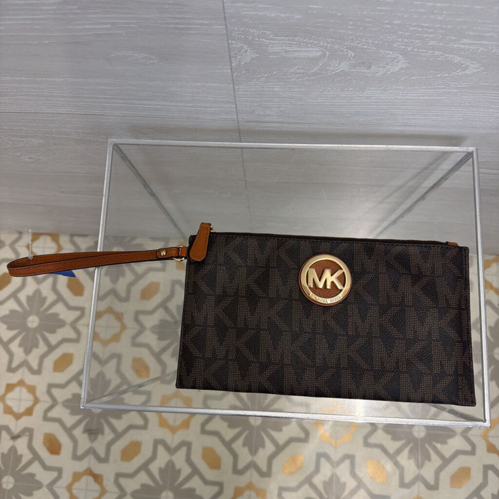 Michael Kors Brown Logo Leather Fulton Wristlet