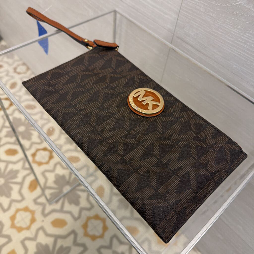 Michael Kors Brown Logo Leather Fulton Wristlet