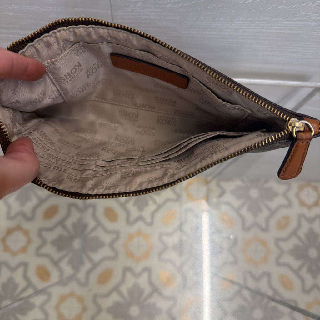 Michael Kors Brown Logo Leather Fulton Wristlet