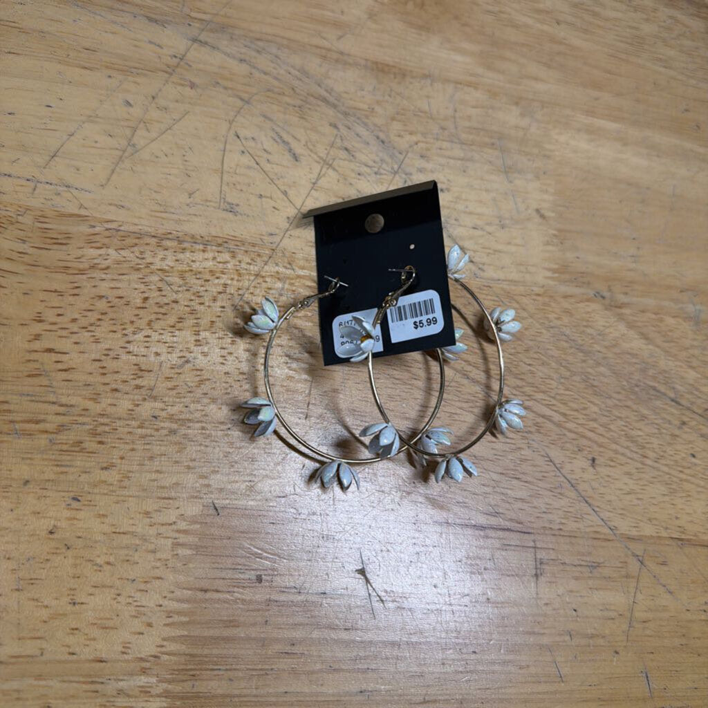 Gold/ White Floral Hoop Earrings