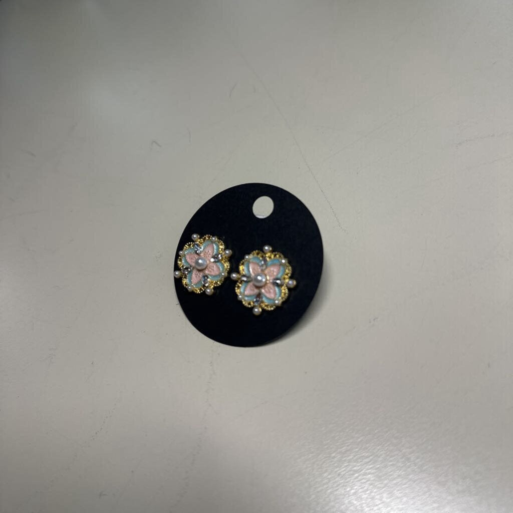 Pink/Blue Flower Stud Earrings