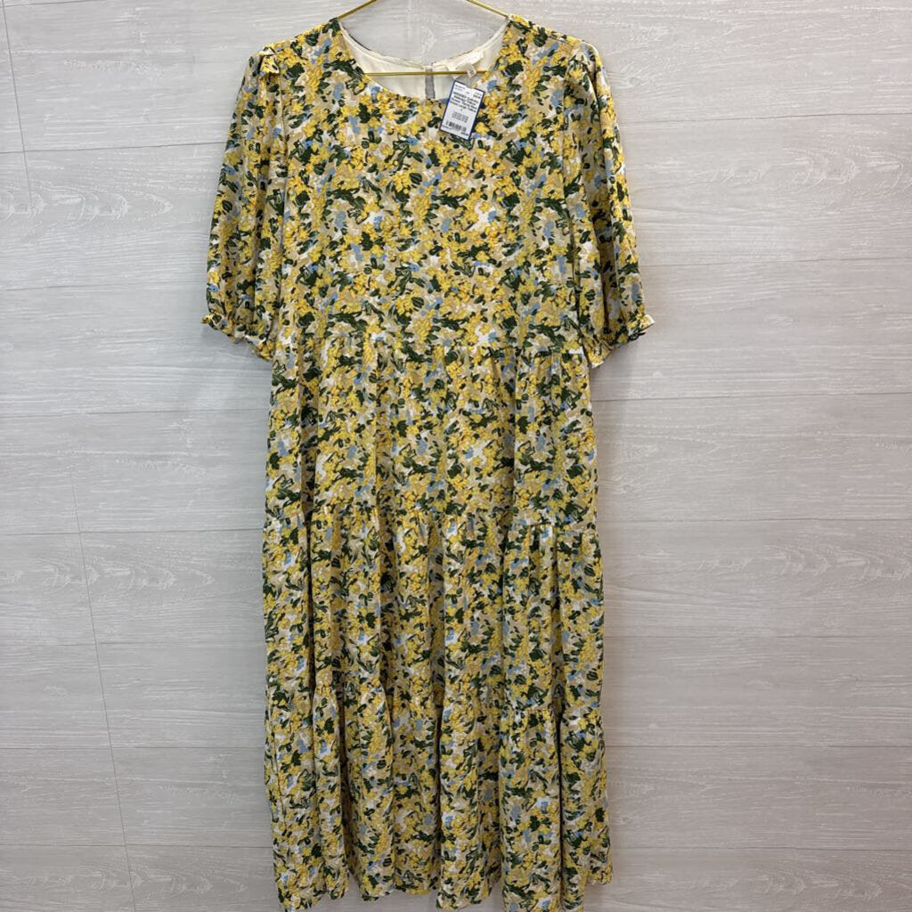 Melloday Yellow Flower Tiered Maxi Dress Large