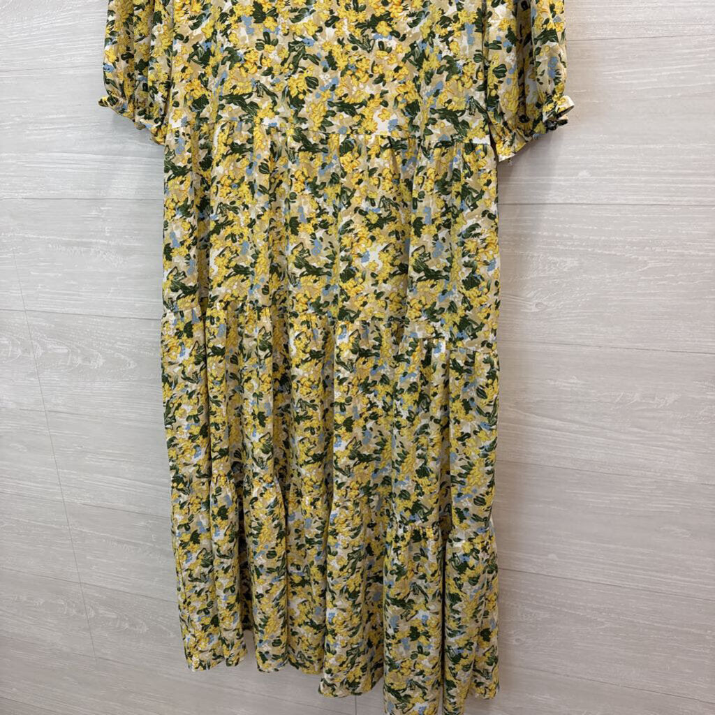 Melloday Yellow Flower Tiered Maxi Dress Large