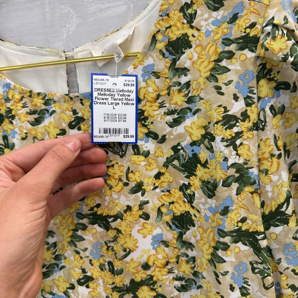 Melloday Yellow Flower Tiered Maxi Dress Large