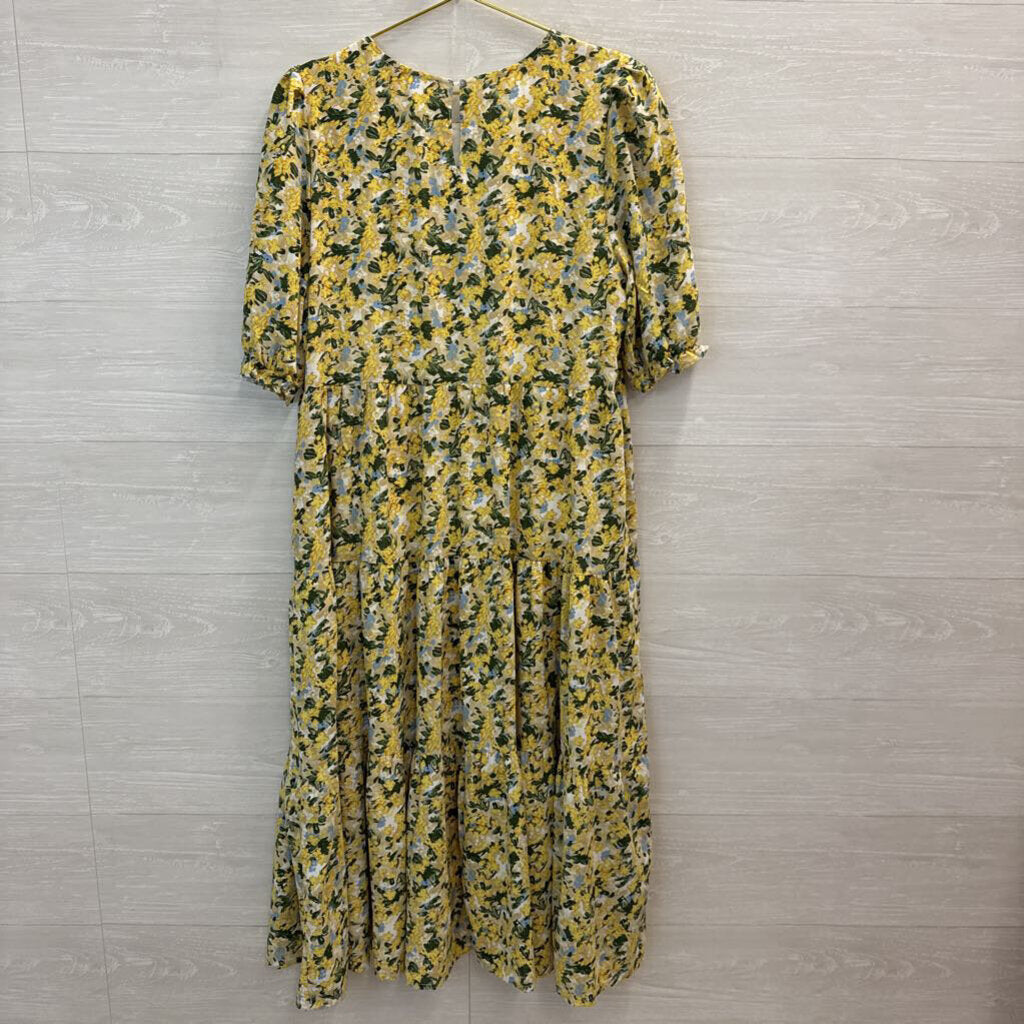 Melloday Yellow Flower Tiered Maxi Dress Large