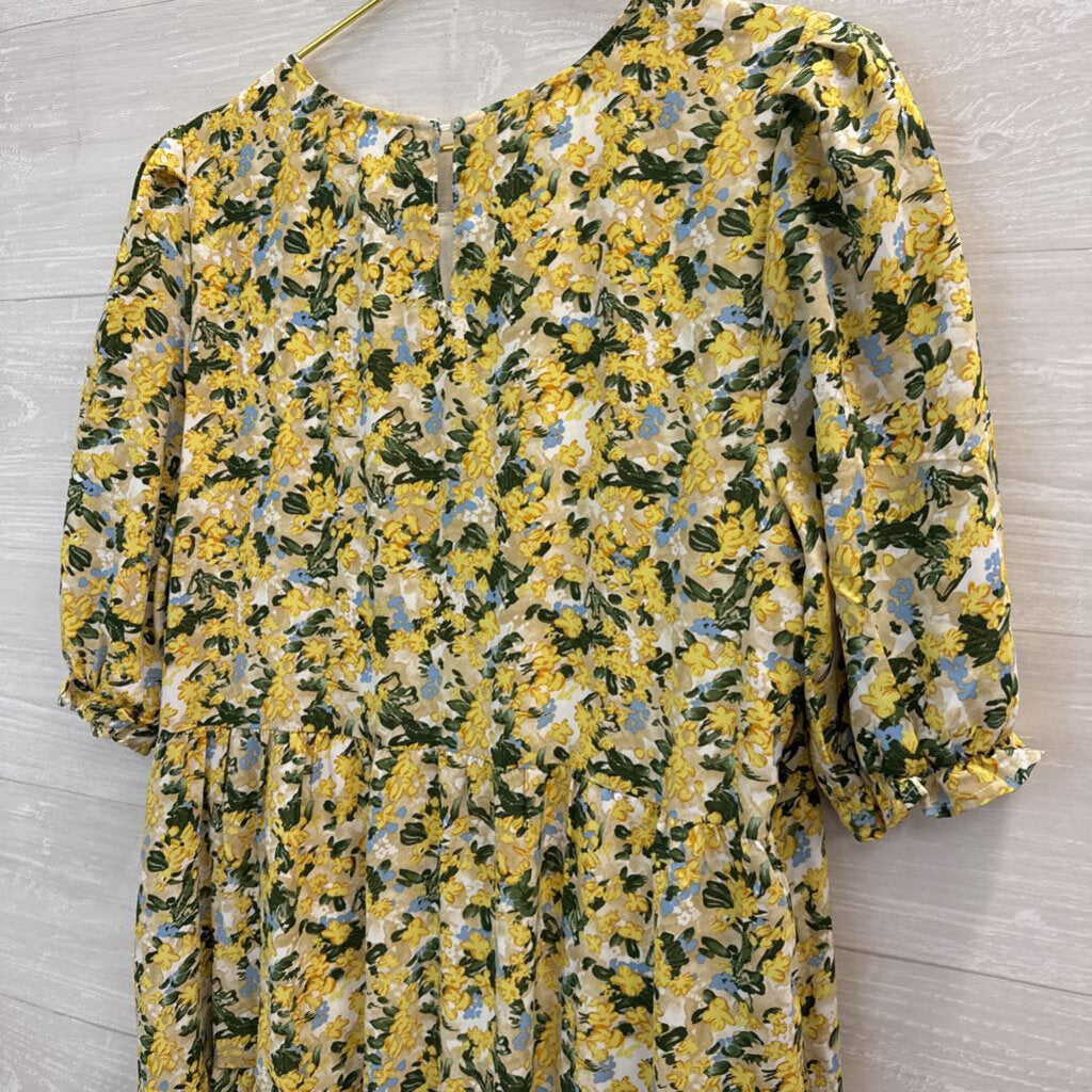 Melloday Yellow Flower Tiered Maxi Dress Large