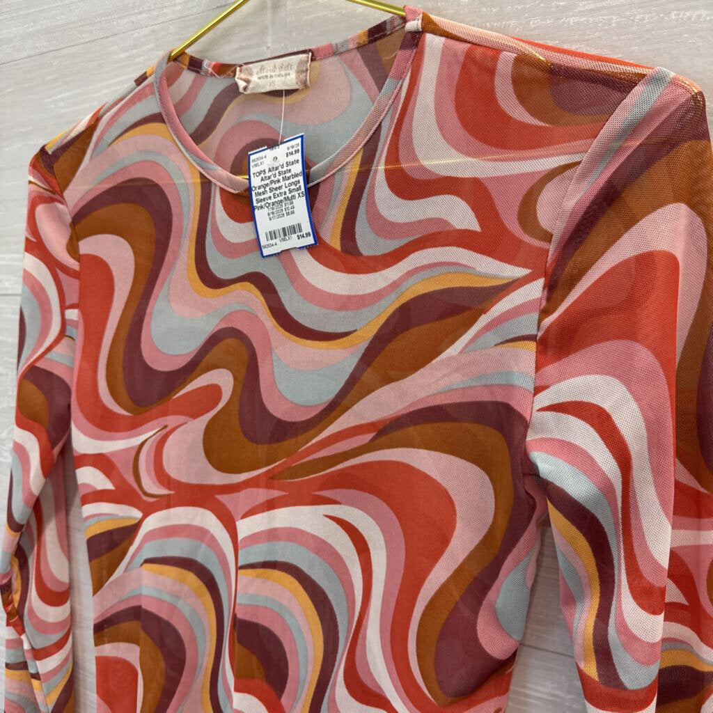 Altar'd State Orange/Pink Marbled Mesh Sheer Longs Sleeve Extra Small