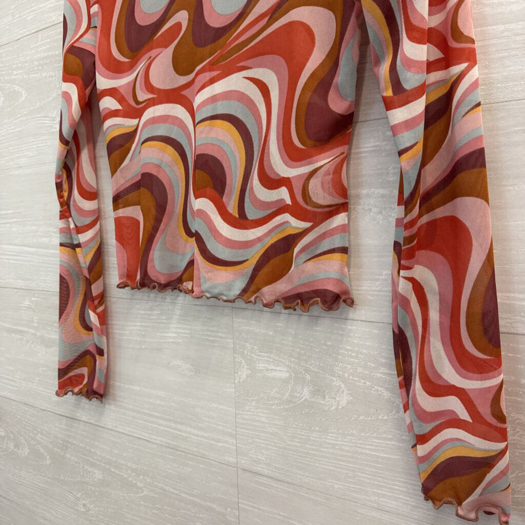 Altar'd State Orange/Pink Marbled Mesh Sheer Longs Sleeve Extra Small