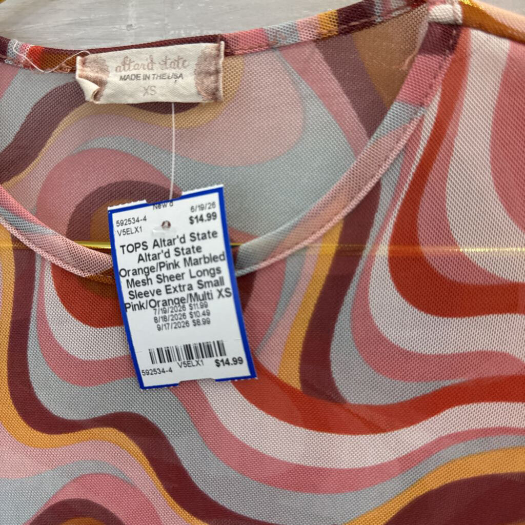 Altar'd State Orange/Pink Marbled Mesh Sheer Longs Sleeve Extra Small