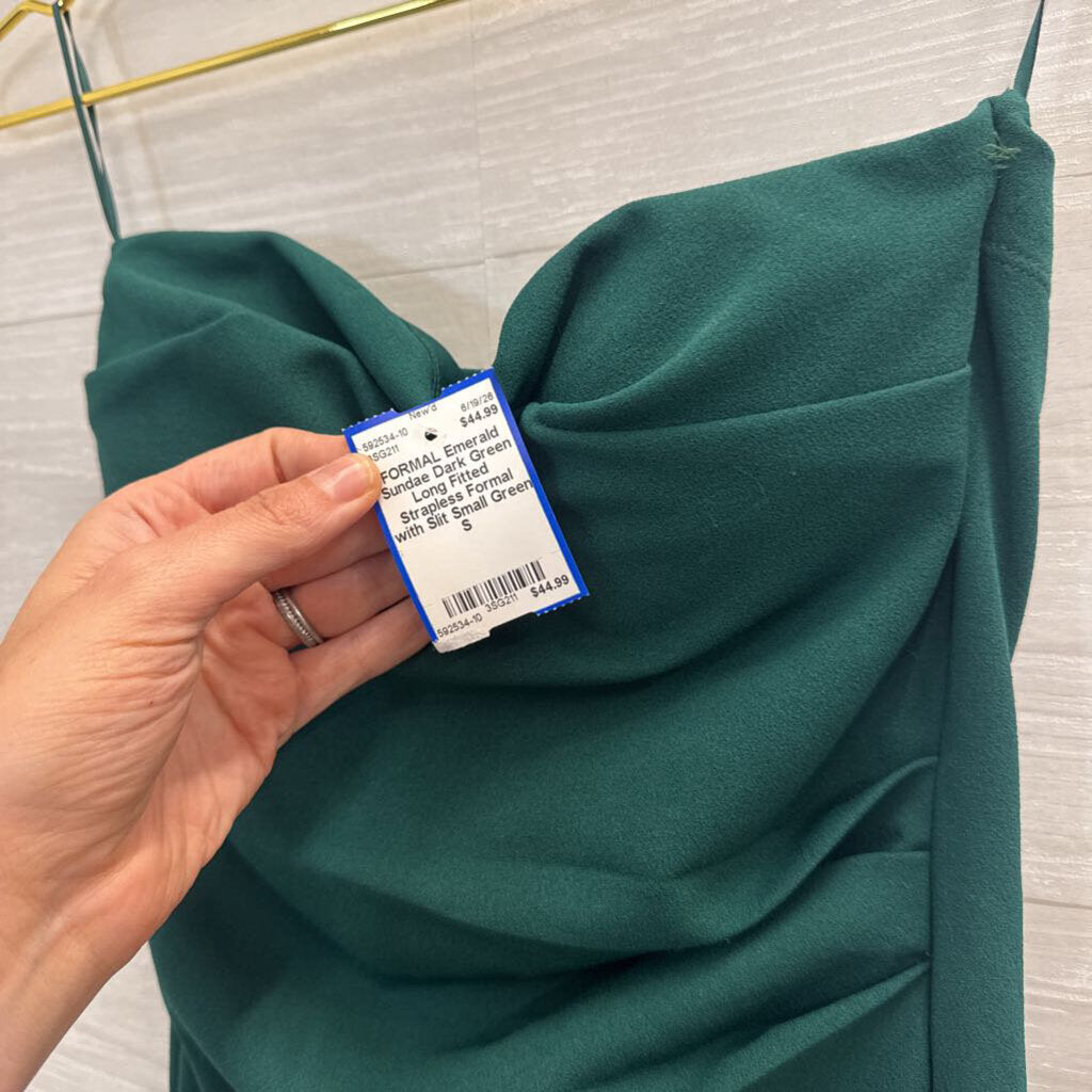 Dark Green Long Fitted Strapless Formal with Slit Small