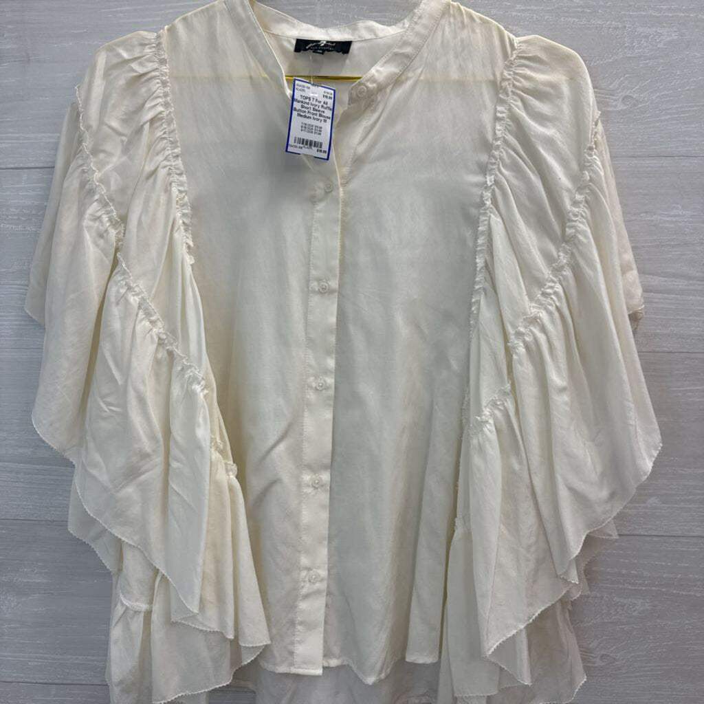 Ivory Ruffle Short Sleeve Button Front Blouse Medium