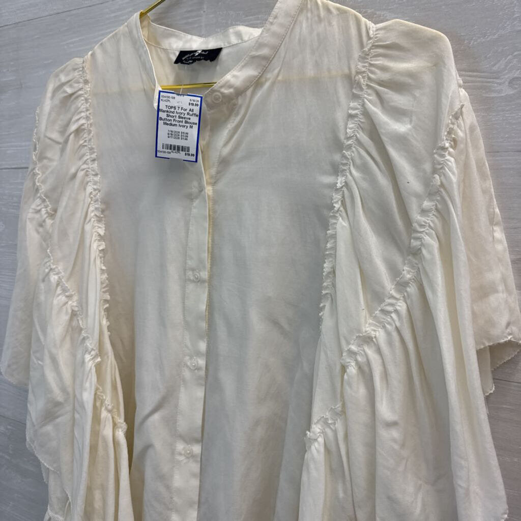 Ivory Ruffle Short Sleeve Button Front Blouse Medium