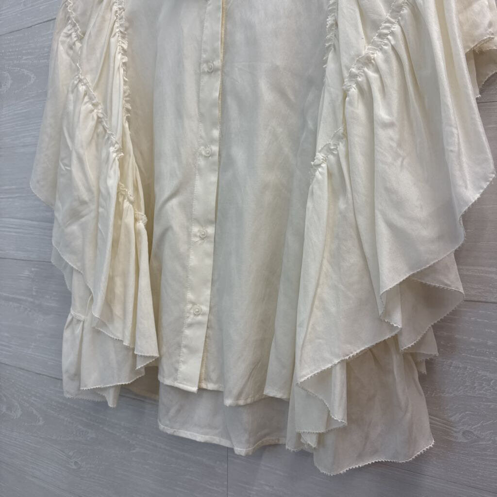Ivory Ruffle Short Sleeve Button Front Blouse Medium