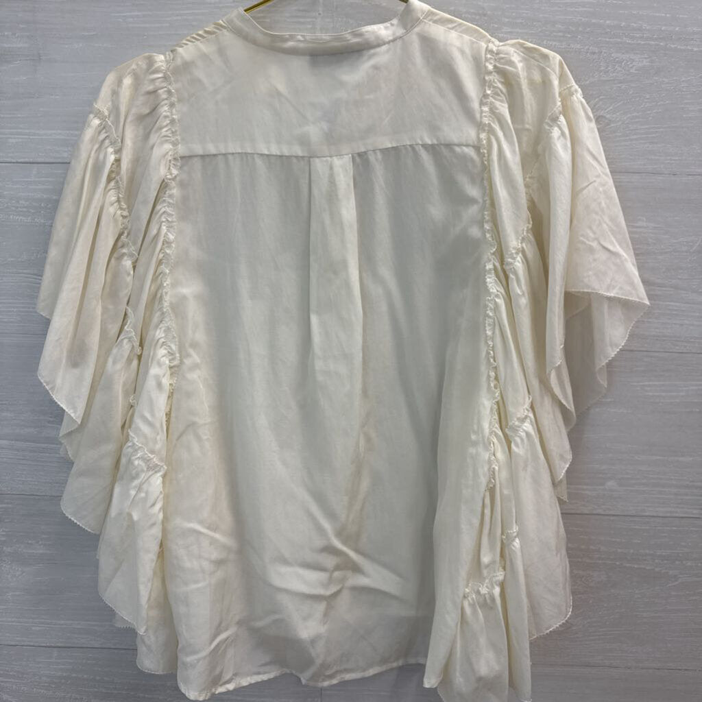 Ivory Ruffle Short Sleeve Button Front Blouse Medium