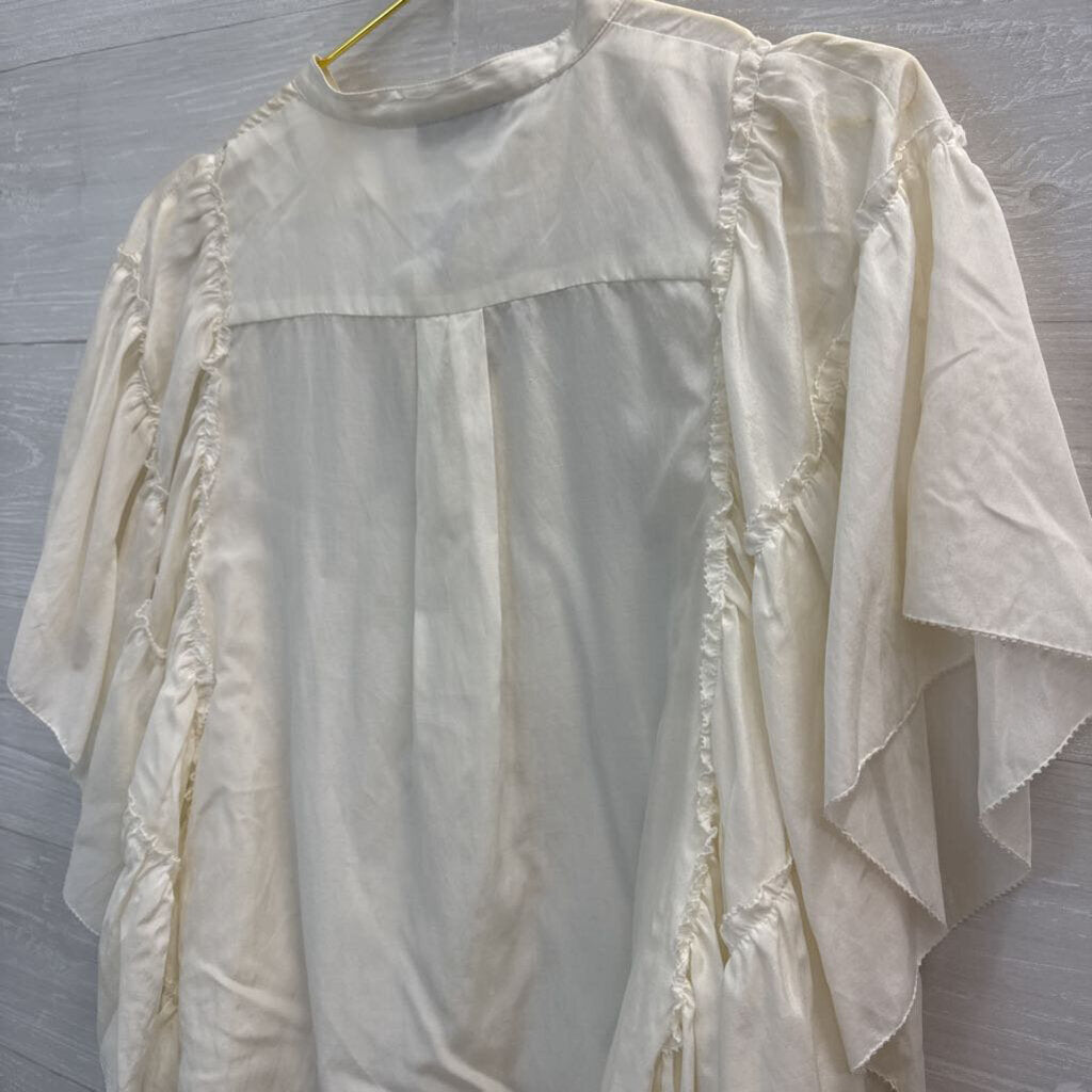 Ivory Ruffle Short Sleeve Button Front Blouse Medium