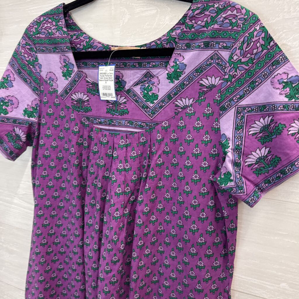 Purple Patterned Tunic Dress Short Sleeve Small