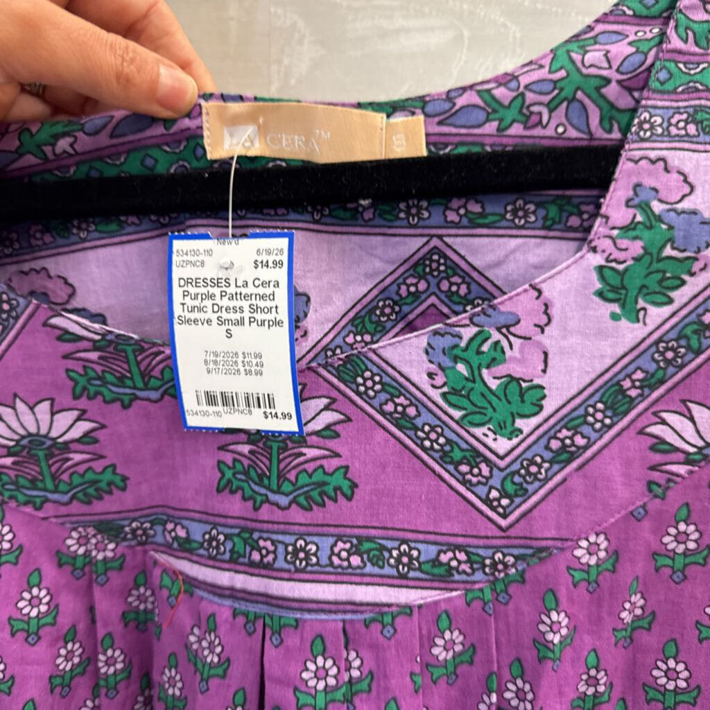 Purple Patterned Tunic Dress Short Sleeve Small