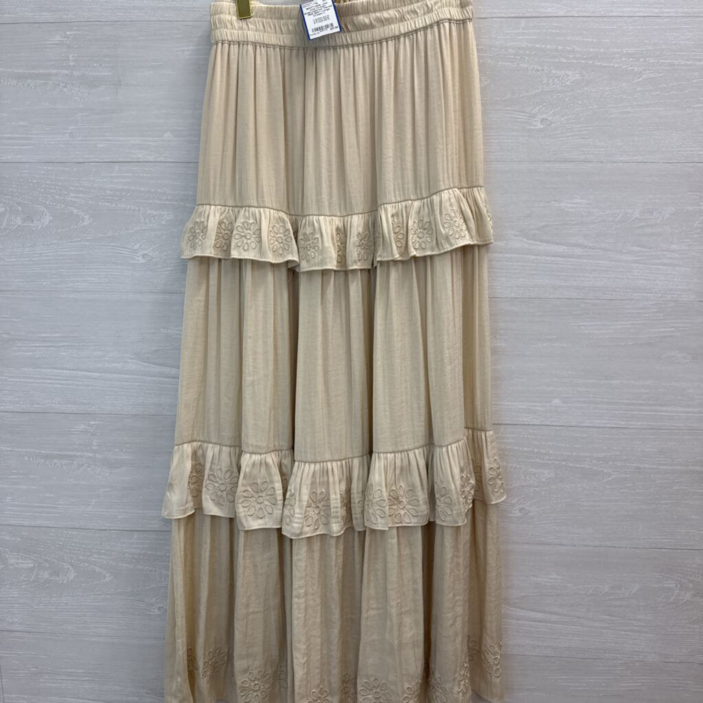 Joie Cream Embroidered Tiered Midi Skirt Large
