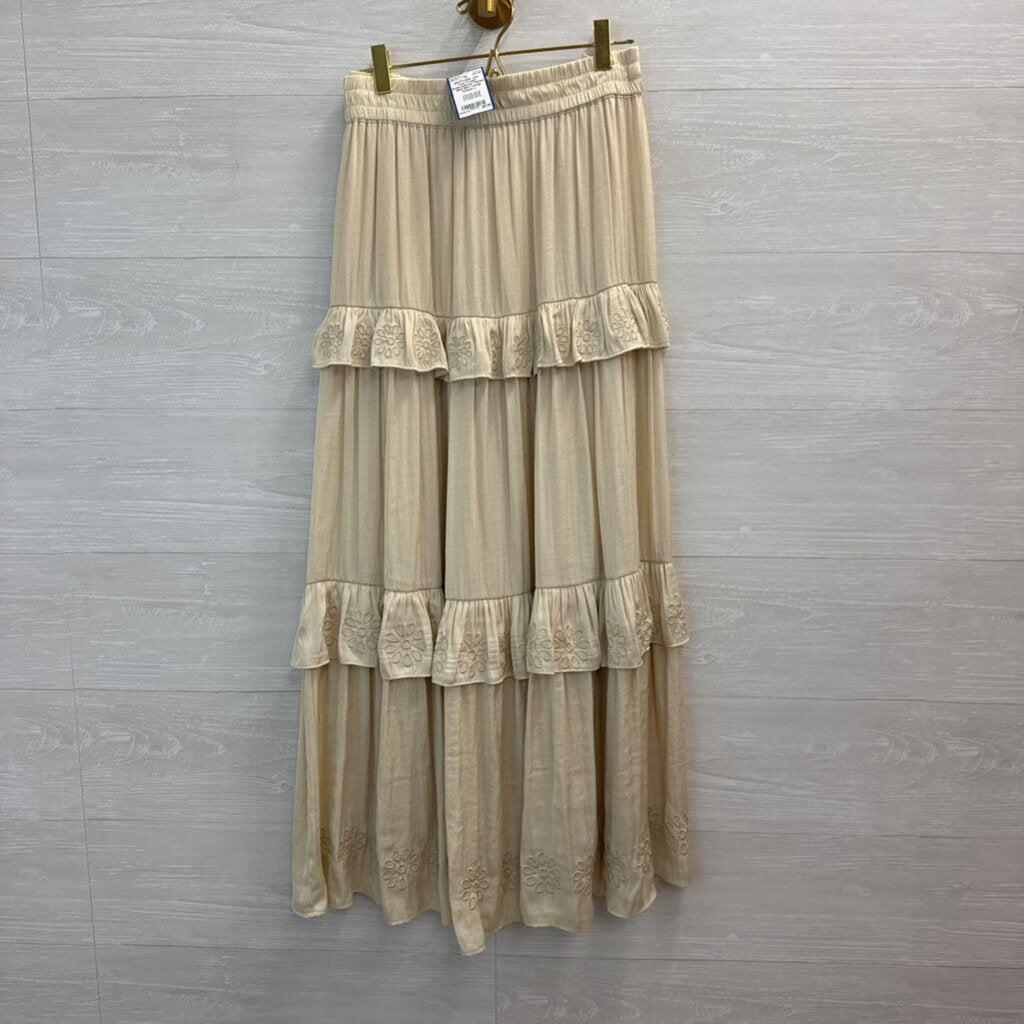 Joie Cream Embroidered Tiered Midi Skirt Large