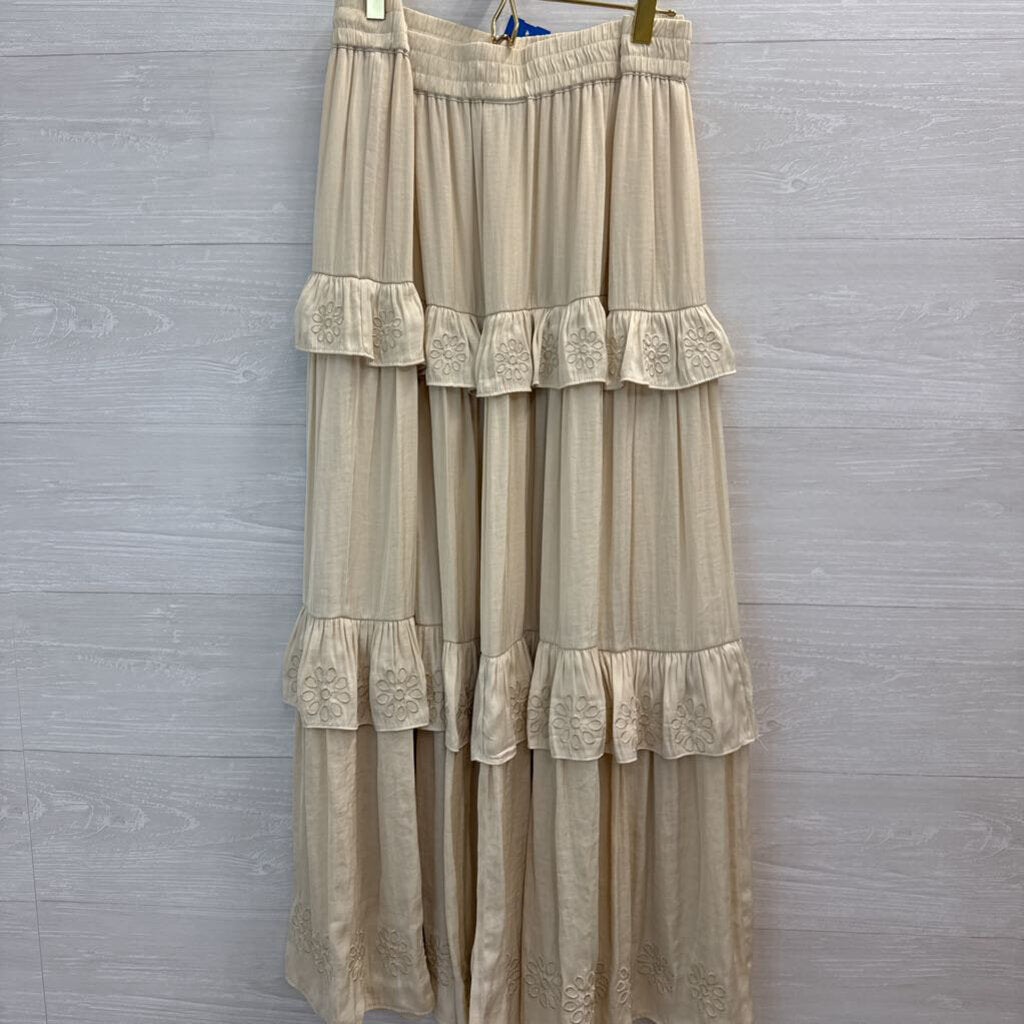 Joie Cream Embroidered Tiered Midi Skirt Large