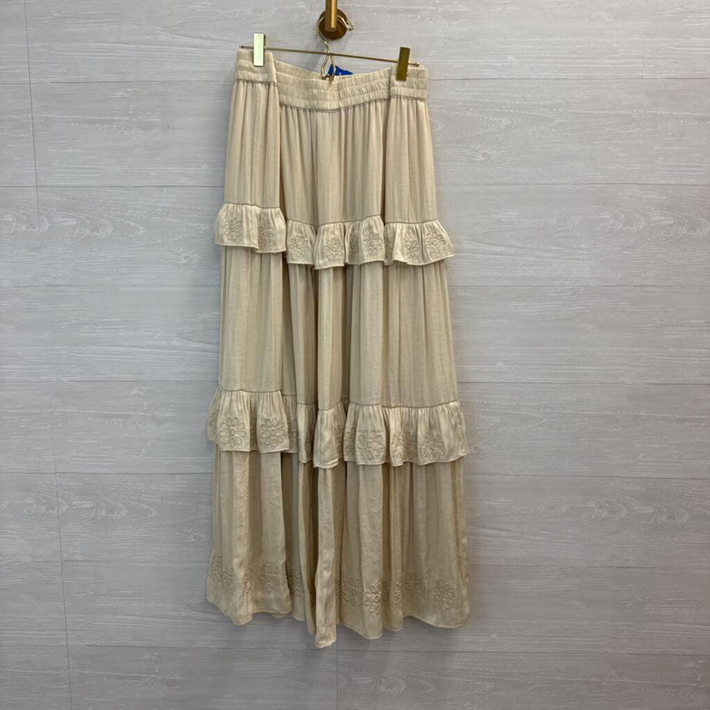 Joie Cream Embroidered Tiered Midi Skirt Large
