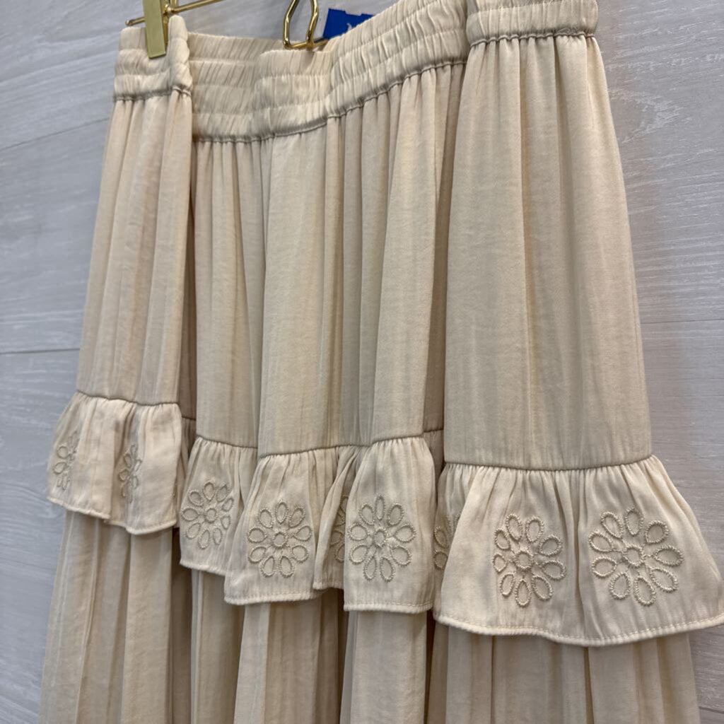 Joie Cream Embroidered Tiered Midi Skirt Large