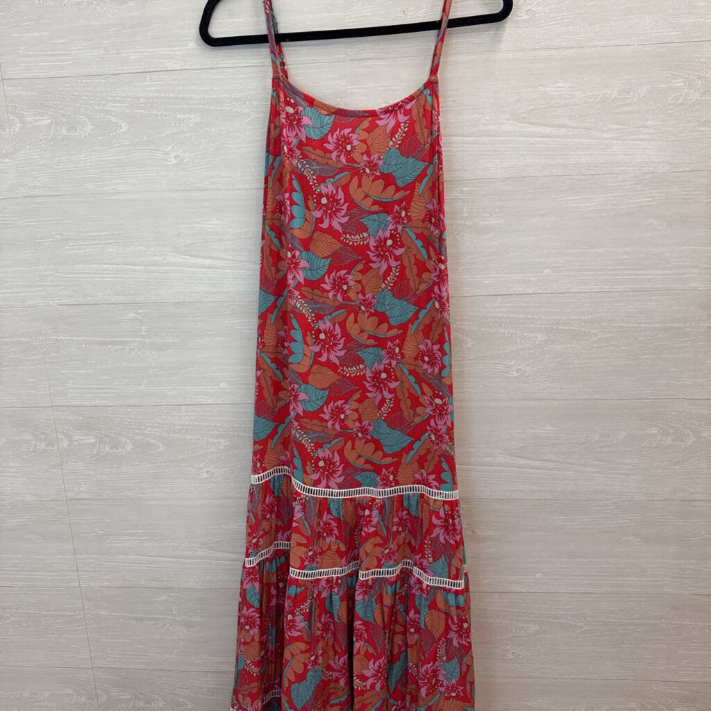 Red Floral Maxi Dress Tropical Print M/L