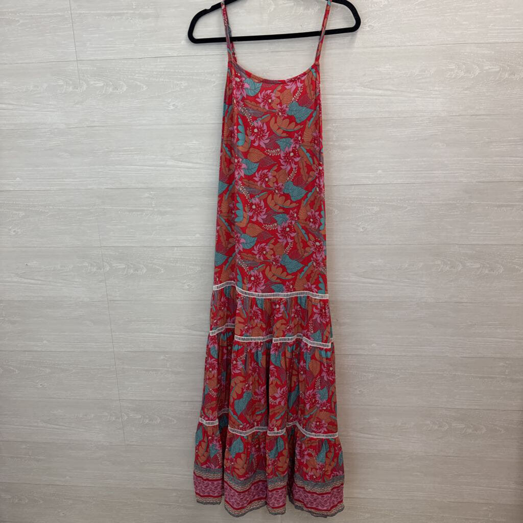 Red Floral Maxi Dress Tropical Print M/L