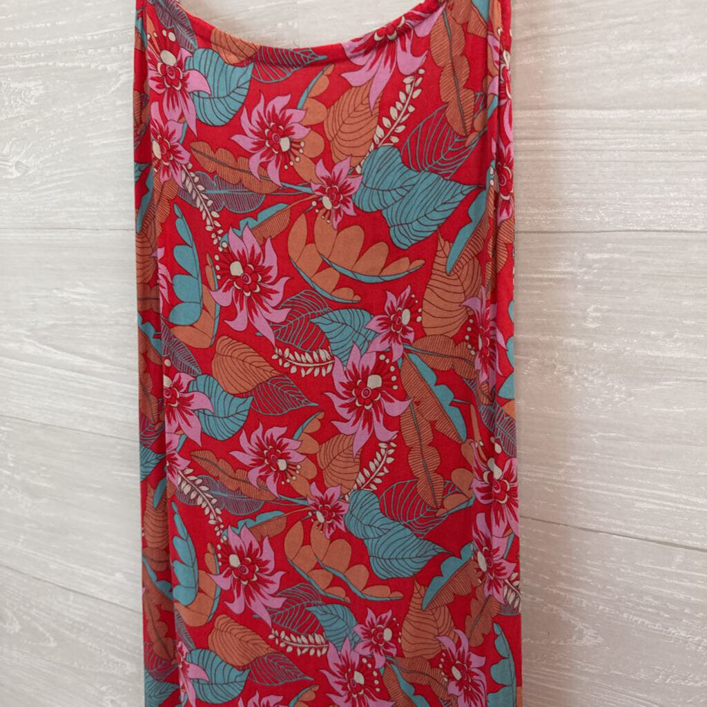 Red Floral Maxi Dress Tropical Print M/L