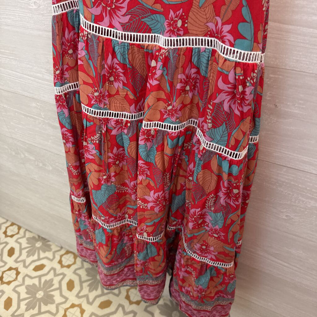 Red Floral Maxi Dress Tropical Print M/L