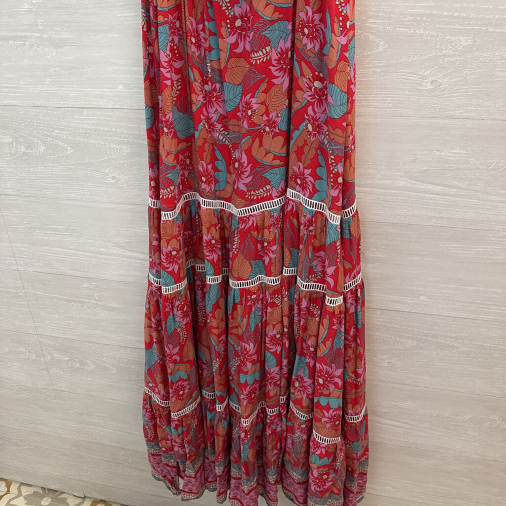 Red Floral Maxi Dress Tropical Print M/L