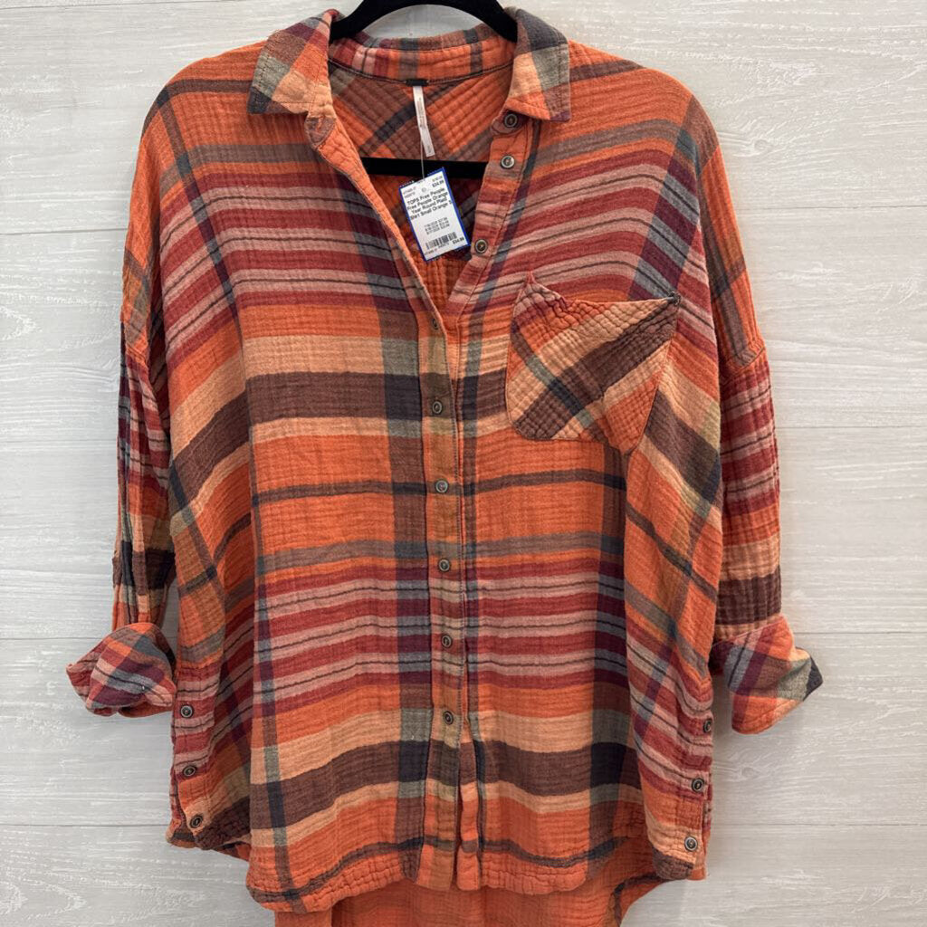 Free People Orange Year Round Plaid Shirt Small
