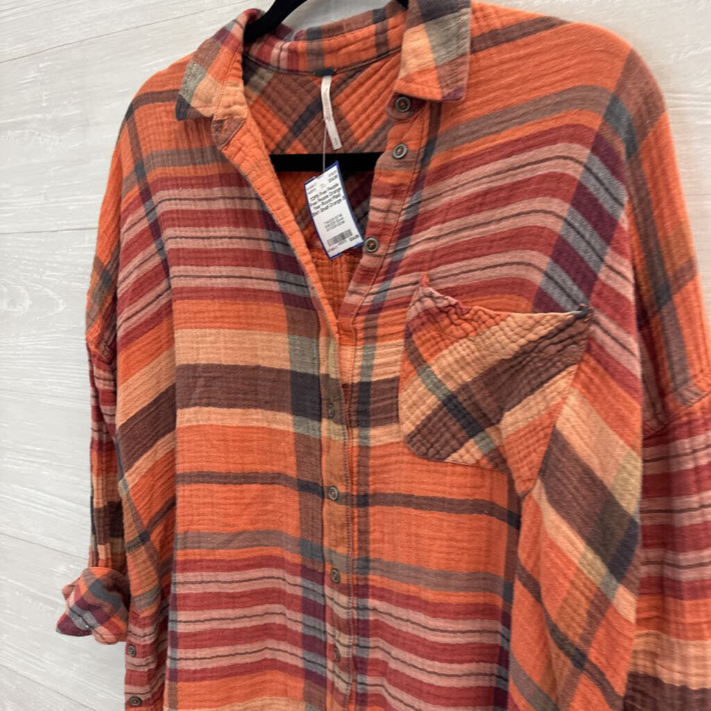 Free People Orange Year Round Plaid Shirt Small