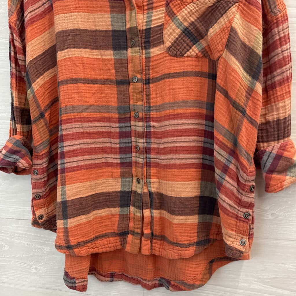 Free People Orange Year Round Plaid Shirt Small