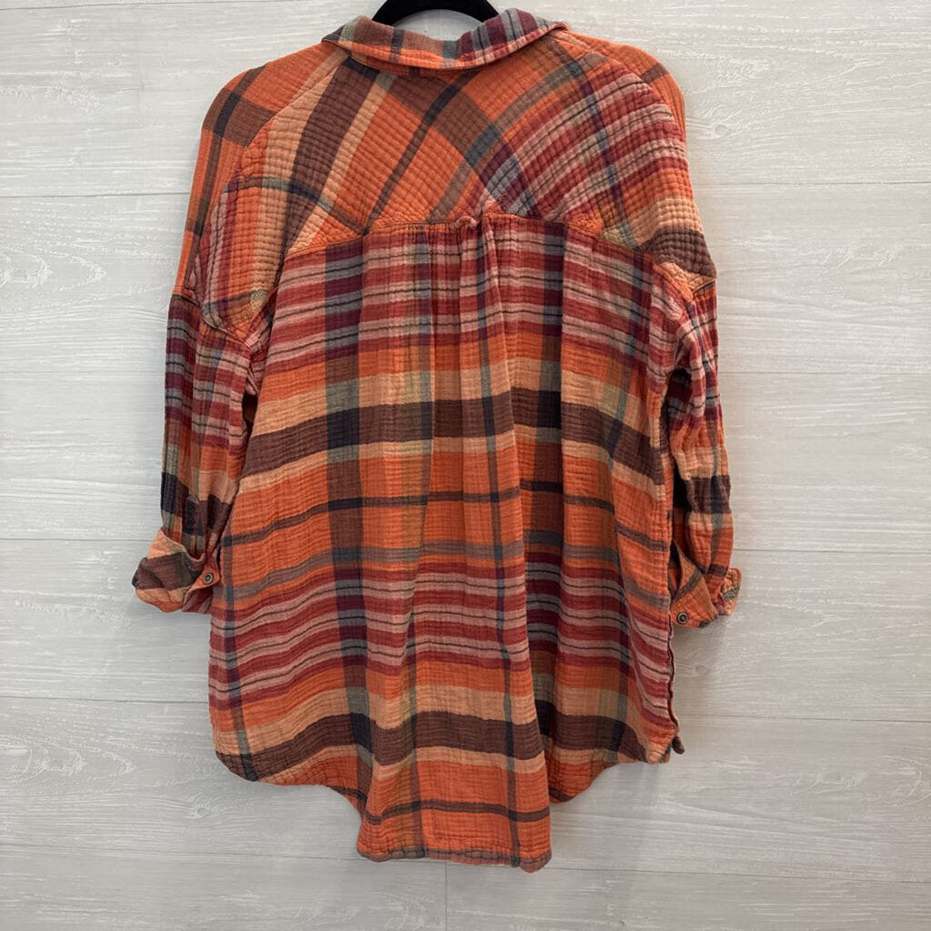 Free People Orange Year Round Plaid Shirt Small