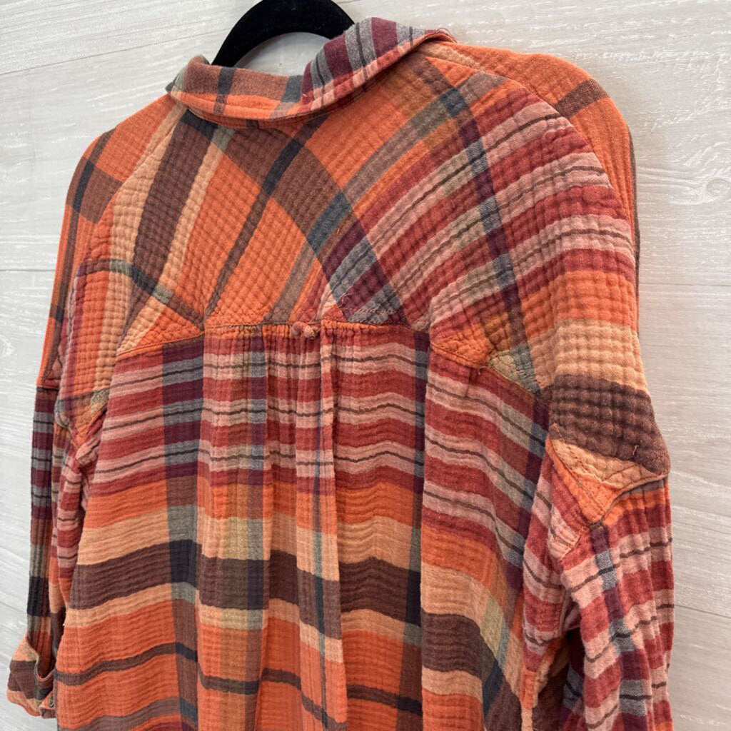 Free People Orange Year Round Plaid Shirt Small