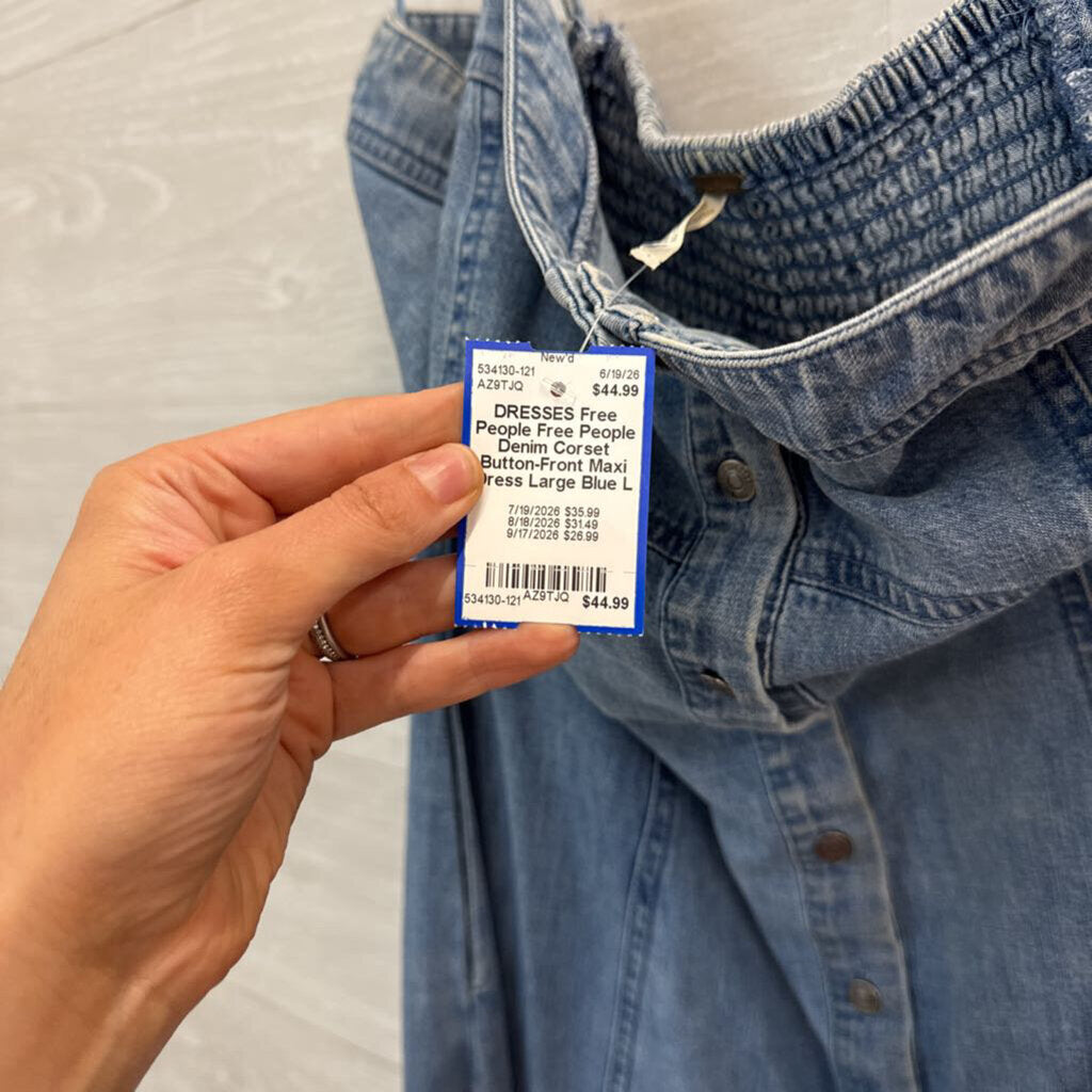 Free People Denim Corset Button-Front Maxi Dress Large