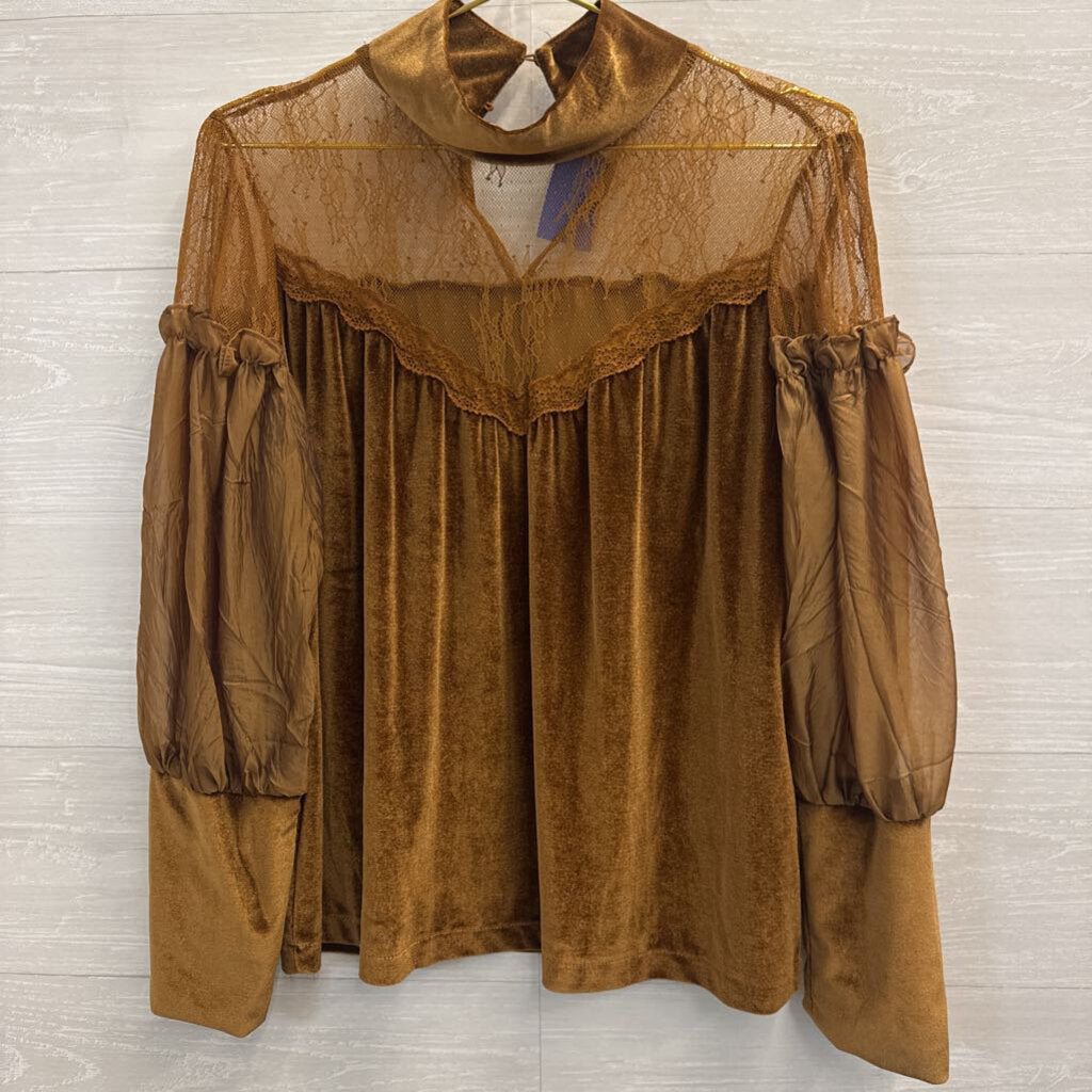 Gold High Neck Velvet Top With Lace Detail Large