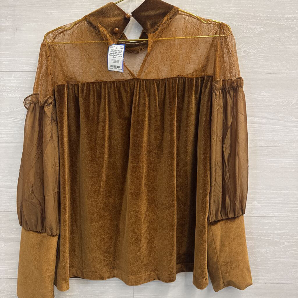 Gold High Neck Velvet Top With Lace Detail Large