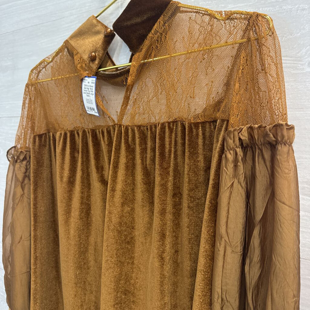 Gold High Neck Velvet Top With Lace Detail Large