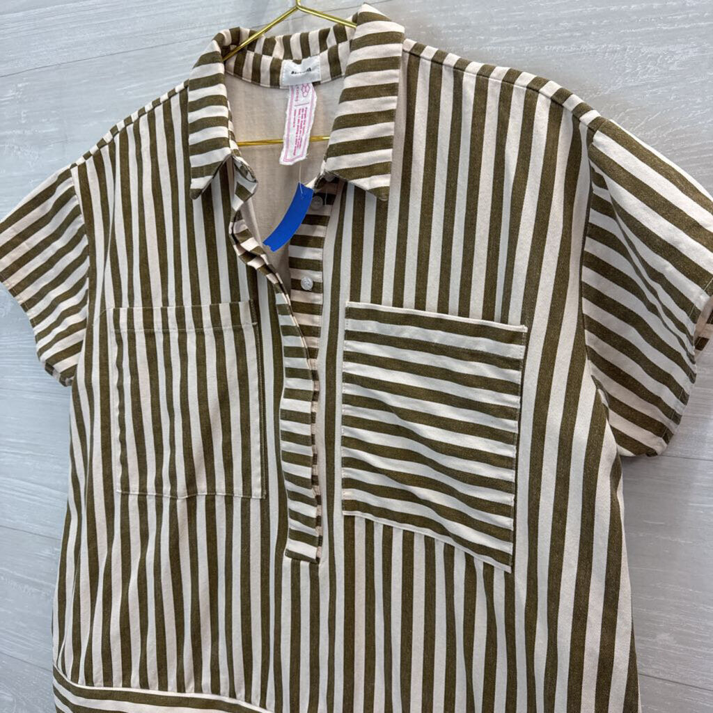 Aureum Striped Cotton Button Up Mini Dress Medium