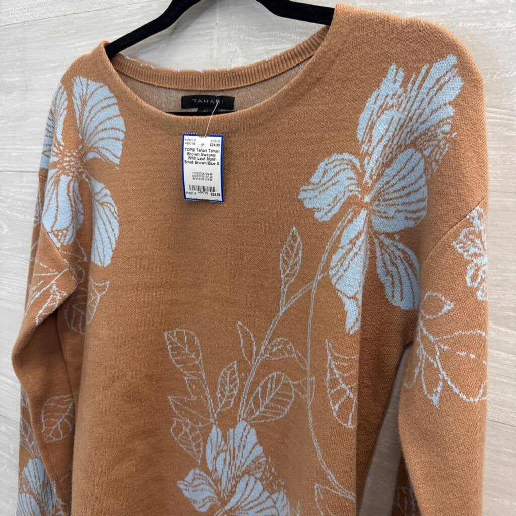Tahari Brown Sweater With Leaf Motif Small