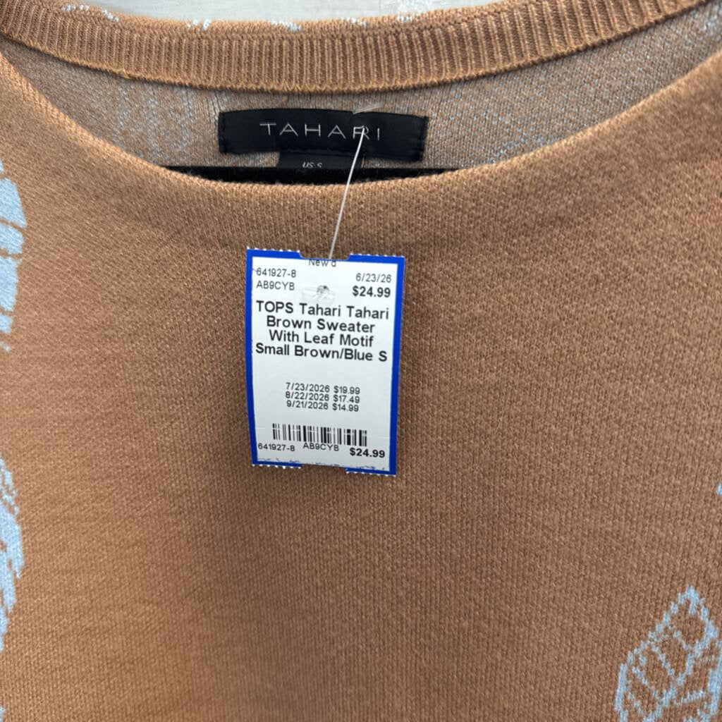 Tahari Brown Sweater With Leaf Motif Small