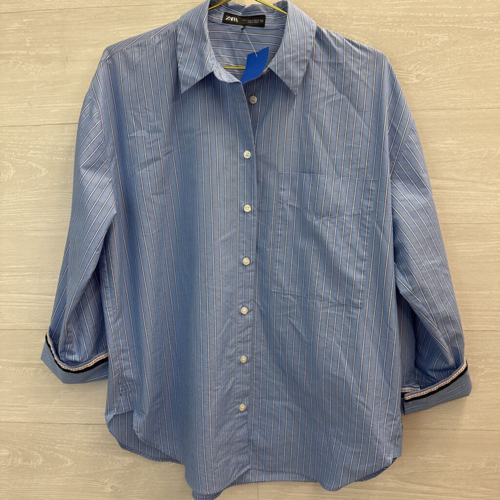 Zara Blue Striped Long Sleeve Button Up Shirt Medium
